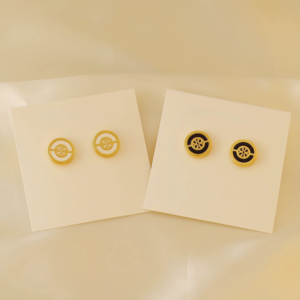 Tory Burch Round Black White Enamel Stud Earrings Classic Double Logo